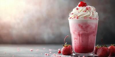 Delicious milkshake topped with cream and a cherry served with fresh strawberries in a cozy setting photo
