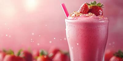 Refreshing strawberry shake topped with fresh strawberries and granola in vibrant pink setting photo