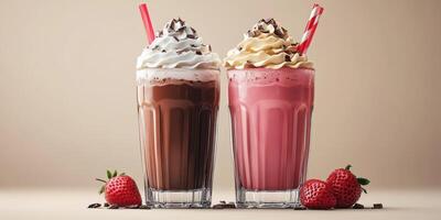 Delicious milkshakes served in tall glasses with whipped cream and strawberries on a light background photo