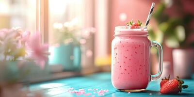 Delicious strawberry milkshake served in a mason jar with a striped straw on a sunny kitchen table photo