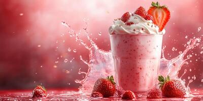 Delicious strawberry milkshake topped with whipped cream and fresh berries on a vibrant red background photo