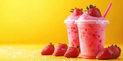 Refreshing strawberry drinks with colorful straws and ripe berries on a vibrant yellow background photo