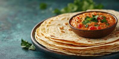 Delicious flatbreads served with flavorful chickpea curry in a rustic setting with fresh herbs on the side photo