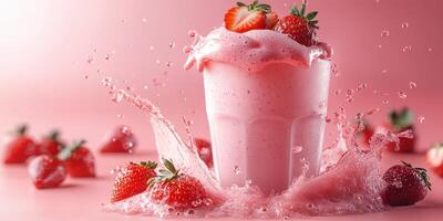 Refreshing strawberry smoothie splashes in a pink setting with fresh strawberries scattered around photo