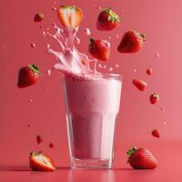 Fresh strawberry smoothie splashes in a tall glass against a vibrant pink backdrop with whole strawberries surrounding photo