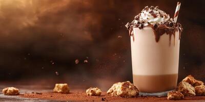 Indulgent chocolate dessert drink served in a tall glass with whipped cream and chocolate shavings photo