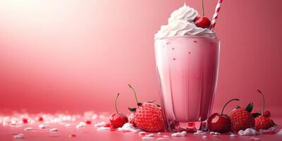 Strawberry milkshake with whipped cream and cherries in a glass on a pink background photo