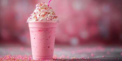 Delicious pink milkshake topped with whipped cream and sprinkles on a festive background photo