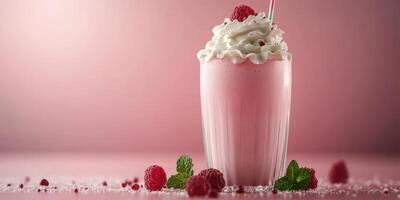 Delicious raspberry milkshake with whipped cream and fresh raspberries on a pink background photo
