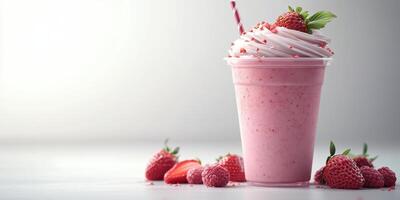 Delicious pink berry smoothie served in a clear cup with fresh strawberries and raspberries on a light surface photo