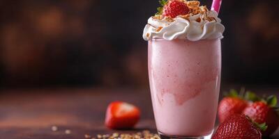 Refreshing strawberry milkshake topped with whipped cream and strawberries in a cozy setting photo