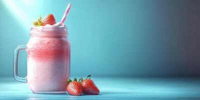 Refreshing strawberry milkshake in a jar with fresh strawberries on a bright blue surface photo
