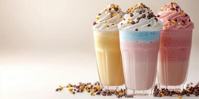 Creamy and colorful milkshakes with whipped cream and toppings served in glasses on a light background photo