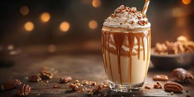 Delicious dessert beverage topped with whipped cream and nuts served in a cozy cafe during the evening photo