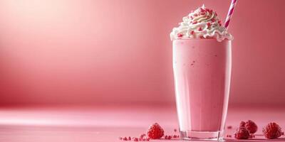 Refreshing pink raspberry smoothie with whipped cream and a striped straw in a glass on a pastel background photo