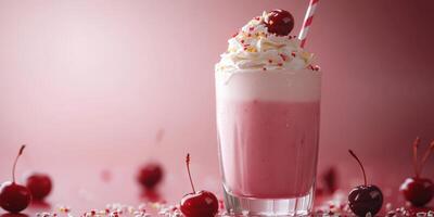 Creamy cherry milkshake topped with whipped cream and colorful sprinkles on a vibrant background photo