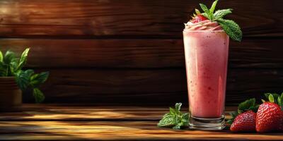 Refreshing strawberry mint smoothie served in a tall glass with fresh ingredients on a rustic wooden table photo