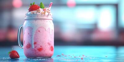Refreshing strawberry milkshake served in a mason jar with whipped cream and garnishes at a retro diner photo