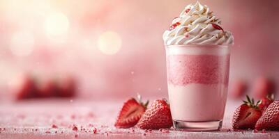 Refreshing strawberry milkshake topped with whipped cream and crushed strawberries on a pink background photo
