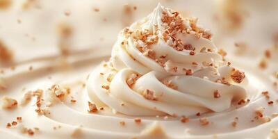 Creamy whipped topping with crushed nuts creating a delightful dessert garnish in a kitchen setting photo