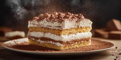 Delicious dessert served on plate with layers of cream and chocolate dust perfect for any celebration or sweet tooth craving photo