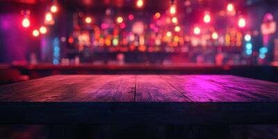 Colorful lights illuminate a lively bar scene with a wooden table in focus and a vibrant atmosphere at night photo