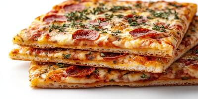 Delicious pepperoni pizza slices stacked on a white background ready to be enjoyed for a casual meal or party photo