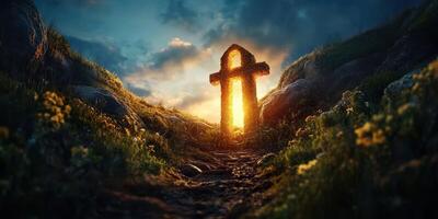 Sunrise illuminating a stone cross surrounded by lush greenery and blooming flowers in a serene landscape photo
