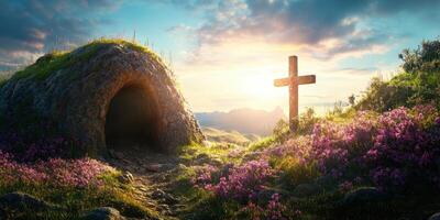 Sunrise light illuminating a serene hillside garden with a cross and an empty tomb amid blooming flowers for reflection photo