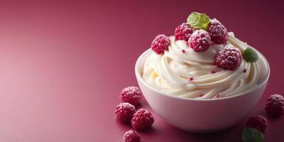 Delicious dessert served in a white bowl with whipped cream and raspberries on a vibrant background photo