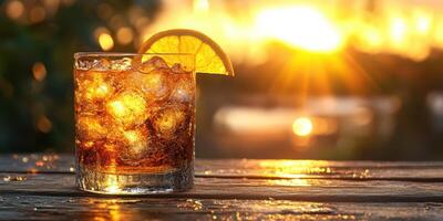 Creating a relaxing atmosphere with a refreshing beverage at sunset by the beach photo