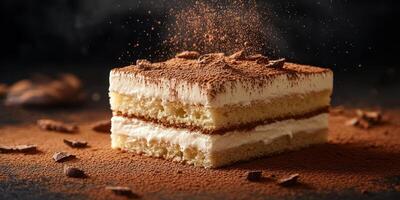 Delicious layered dessert with creamy filling and cocoa powder on top served on a dark background photo