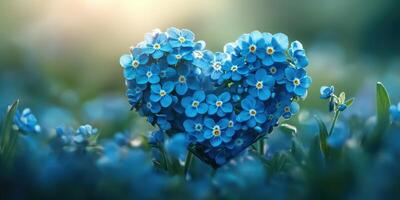 Beautiful blue flowers form a heart shape in a lush garden during a sunny spring afternoon photo