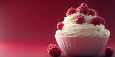 Creamy dessert topped with fresh raspberries in a stylish bowl against a vibrant background photo