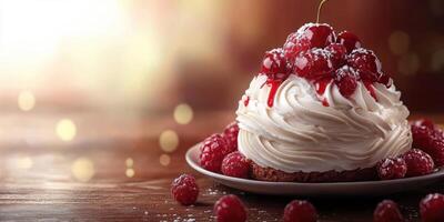 Delicious dessert topped with cherries and raspberries served on a wooden table photo