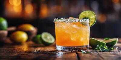 Refreshing cocktail with lime garnished on wooden bar at festive gathering photo