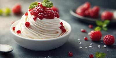Delicious dessert topped with fresh raspberries and mint leaves on a dark background photo