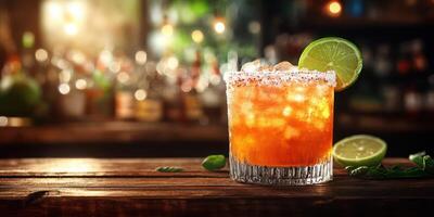 Refreshing cocktail with lime slice served on a wooden bar counter in a cozy atmosphere during evening hours photo