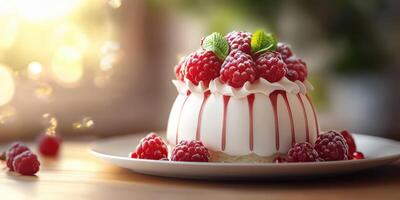 Delicious small cake topped with fresh raspberries and mint served on a plate in a bright setting photo