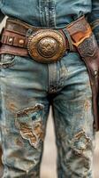 Detailed view of rugged jeans and ornate belt worn by cowboy in a dusty western setting during golden hour photo