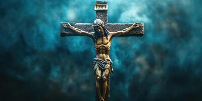 Iconic crucifix representing sacrifice and faith in a serene setting during twilight hours photo