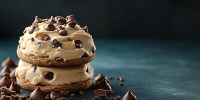 Delicious stacked cookies filled with creamy chocolate chip frosting on an elegant surface photo