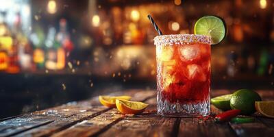 Colorful cocktail with garnishes on a wooden bar during a lively evening photo