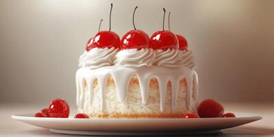 Delicious vanilla cake topped with cherries and whipped cream, perfect for celebrations and gatherings photo