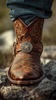 Leather cowboy boot resting on a rocky landscape showcasing intricate designs and a silver buckle under natural sunlight photo