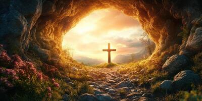 Light shines through the cave entrance illuminating a cross at sunset in a peaceful landscape photo