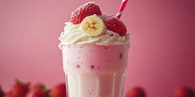 Strawberry banana shake topped with whipped cream and fruit on a vibrant pink background photo