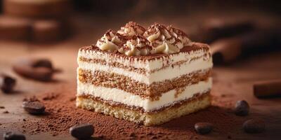 Dessert slice with layers of cream and cocoa served on a wooden table in a cozy setting photo