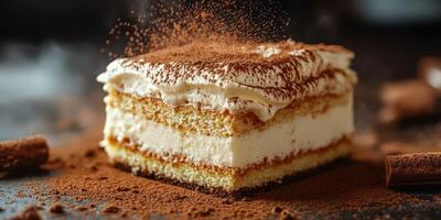 Delicious layered dessert prepared with cream and chocolate powder in a cozy kitchen setting photo