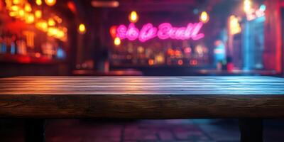 Dimly lit bar interior with wooden table and colorful neon lights in the background during evening hours photo